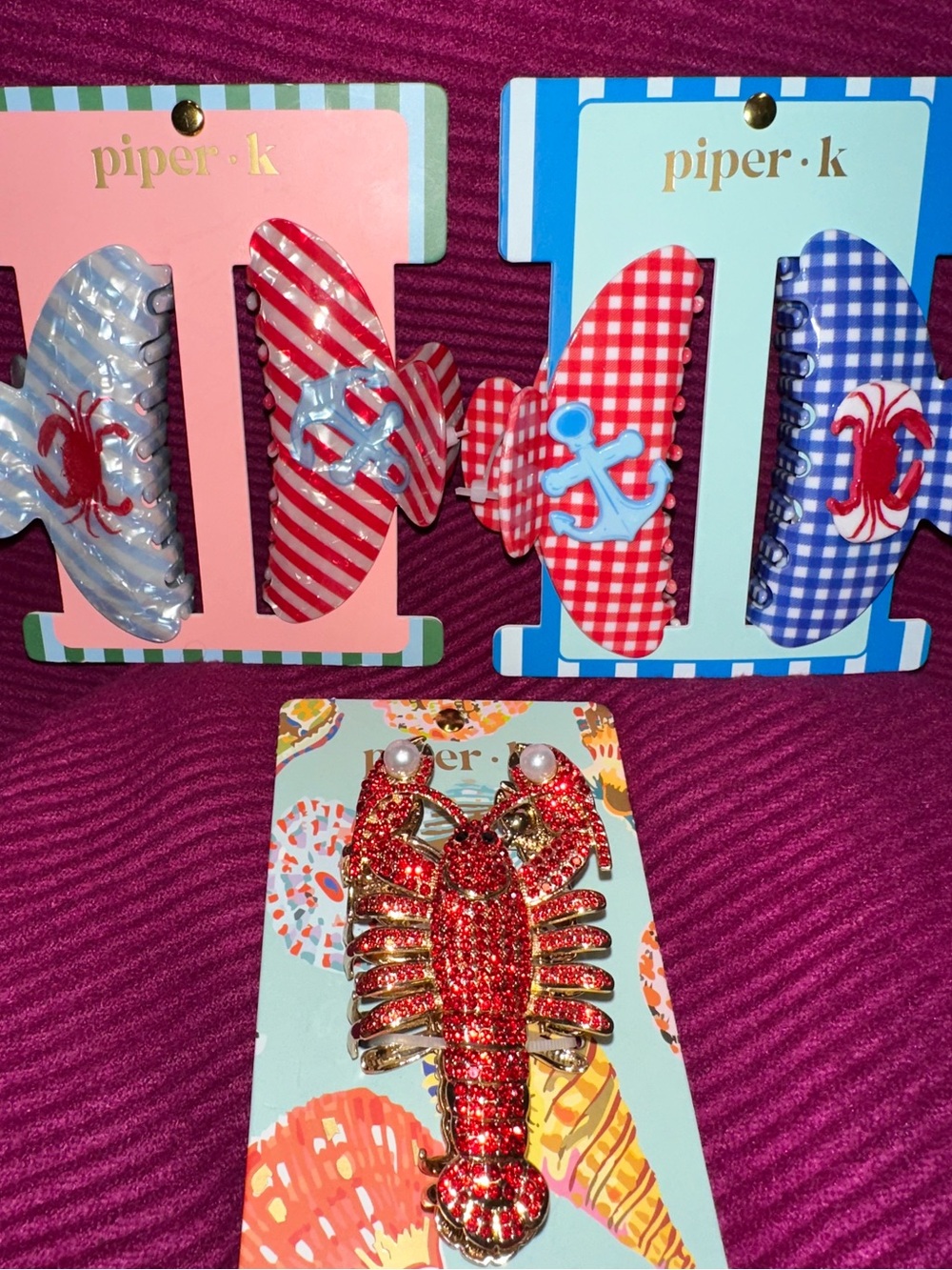 Lot of 5 Piper•k Red Crystal Lobster Hair Clip and Red/Blue Nautical Hair Clips